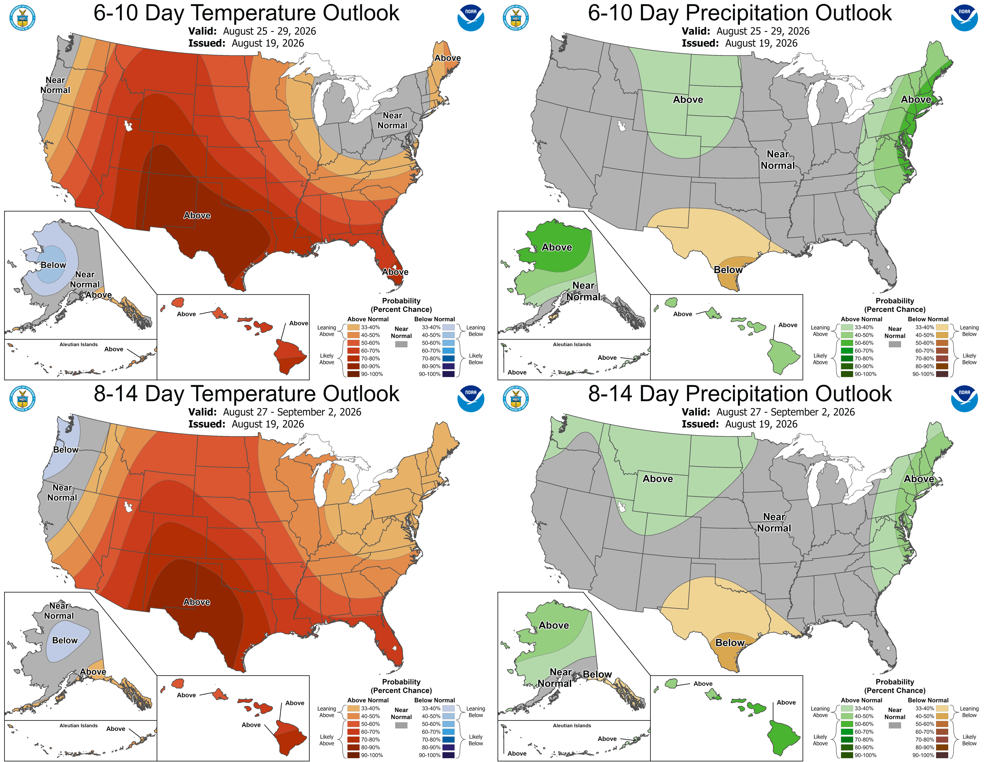 The 6-10 day (Aug. 25-29, top) and 8-14 day (Aug. 27-Sept 2, bottom) outlooks for temperature (left) and precipitation (right).